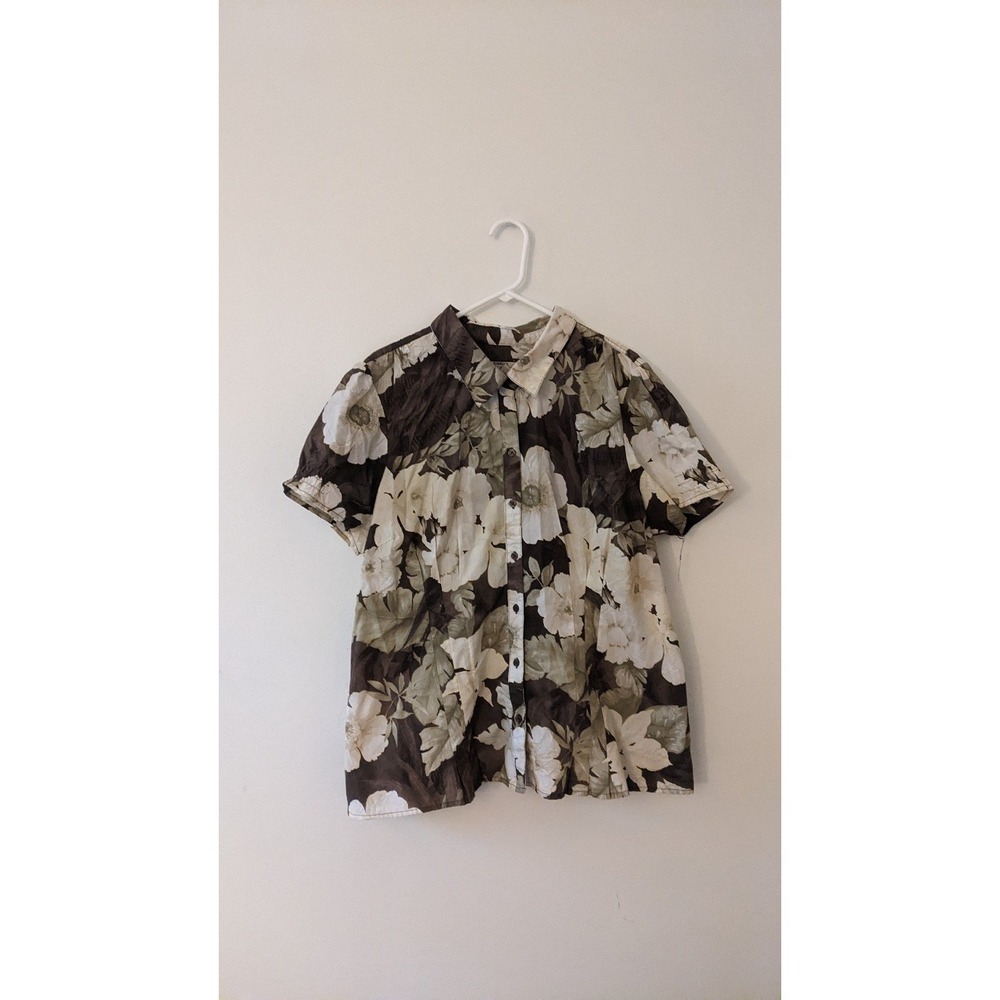Caribbean Joe Floral Button Down Top 2Xl Cotton Blend Brown, Cream, Green